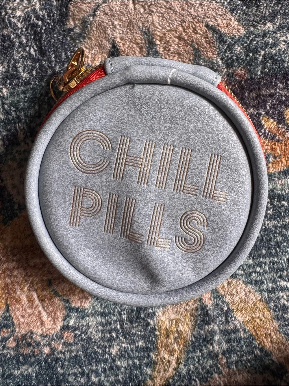DesignWorks Ink Round 'CHILL PILLS' Pill Box in Light Gray with Red Trim